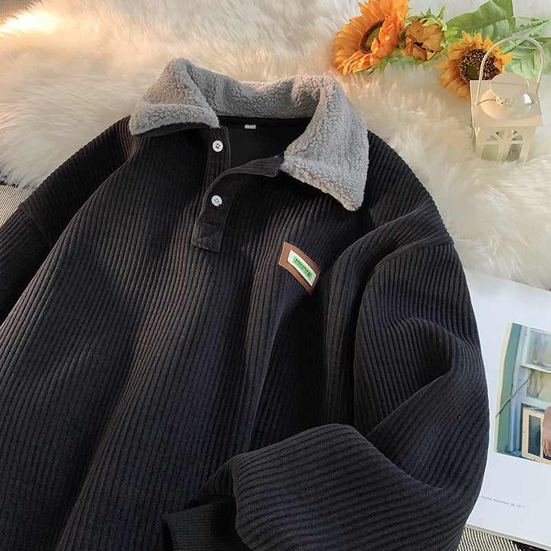 Fleece-lined Corduroy Polo Collar Sweater